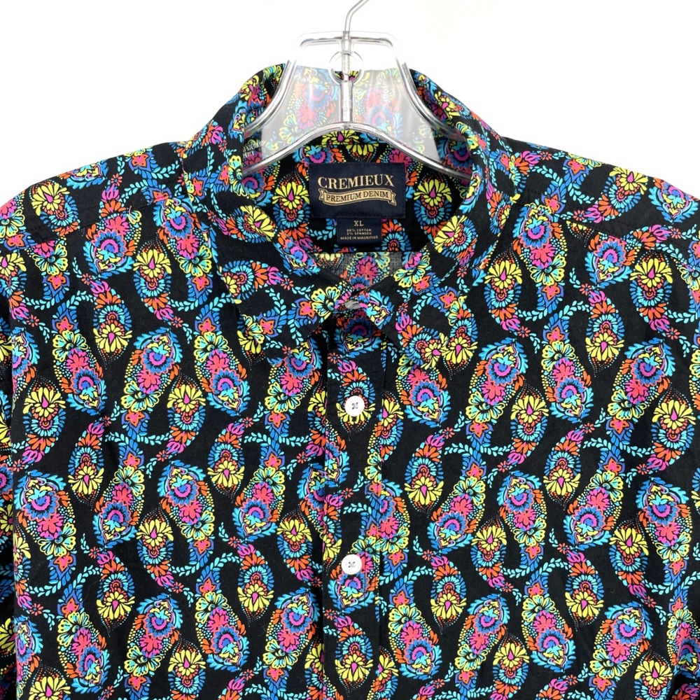 CREMIEUX Button Down Shirt Mens XL Short Sleeve Black Paisley Print Cotton Blend